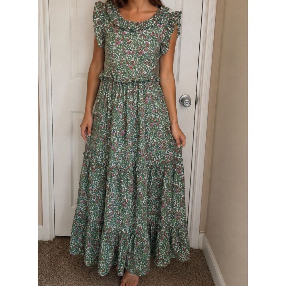 Pomegranate Floral Bird Print Maxi Dress Women M Ruffle Cottagecore Boho